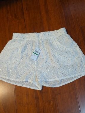 White Eyelet Sequin Overlay Elastic Waist Shorts With Pockets